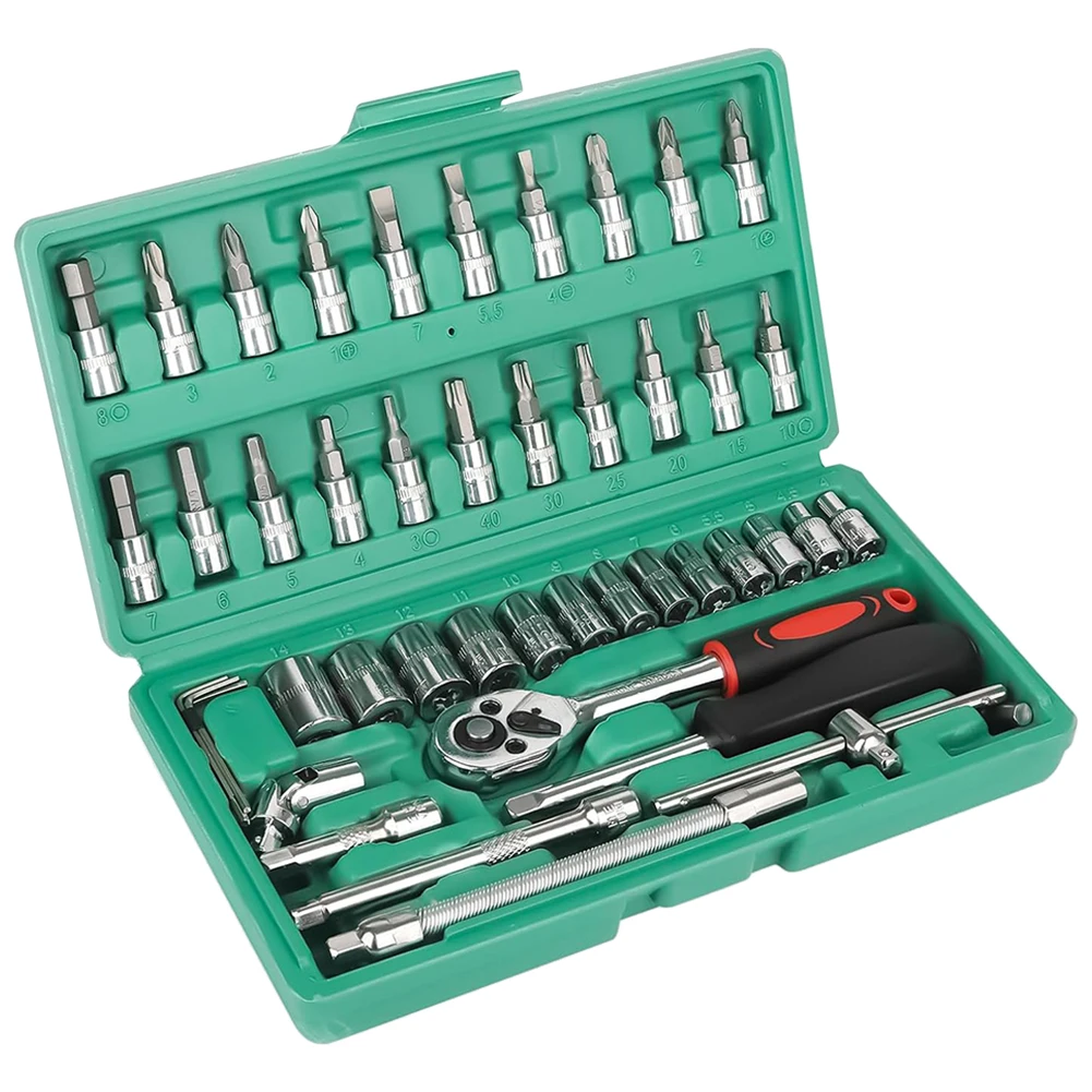 46Pcs Drive Socket Ratchet Wrench Set Ratchet Torque Wrench Combo Metric Flexible Head Ratcheting Wrench Car Repair & Home Use