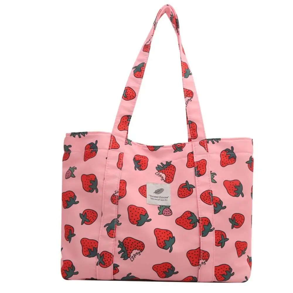 Cute Strawberry Cherry Tote Bag Korean Style Aesthetic Large Capacity Shopping Bag Underarm Bag Printing Nylon Handbag Outdoor