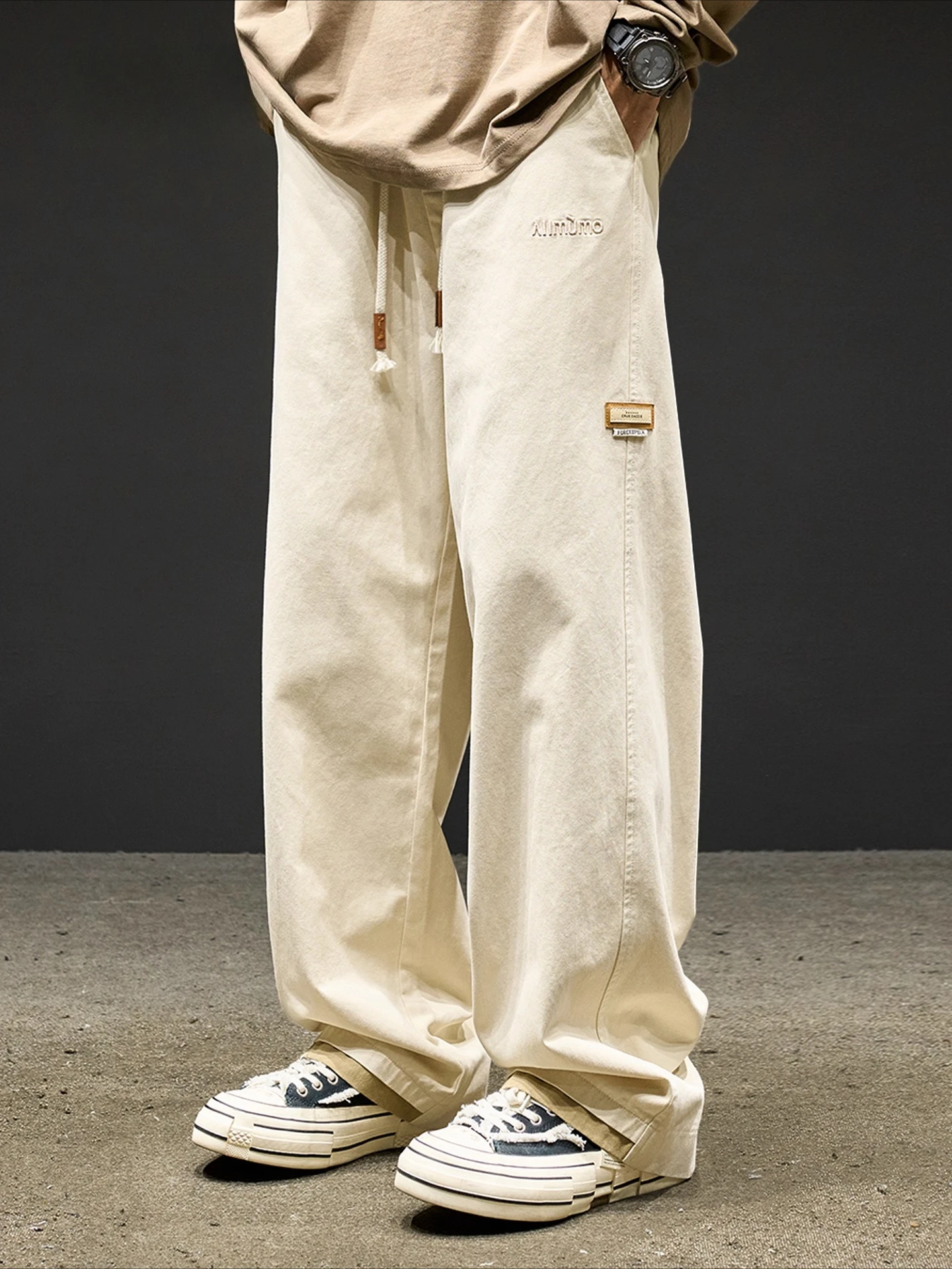 2025 Spring and Autumn New Men's Khaki Black High Waist Elastic Loose Straight Pants American Workwear Brown Velvet Long Pants