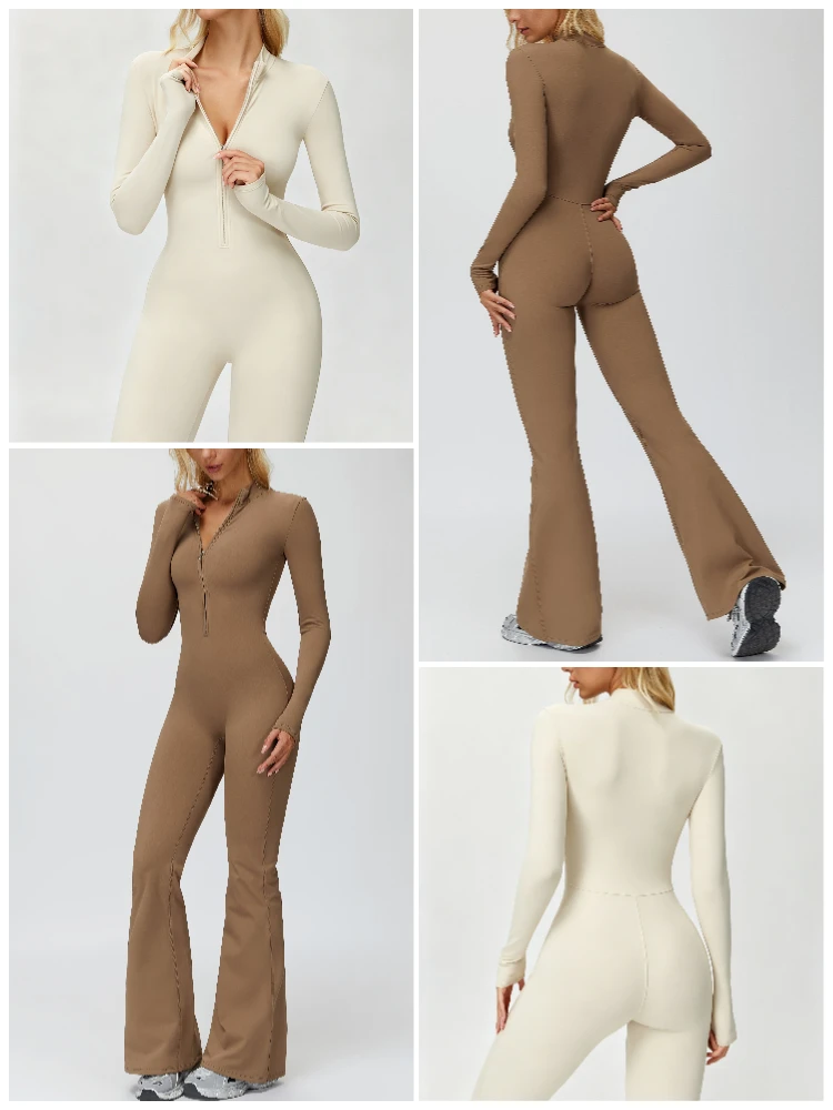 VITALINOVO Damen-Overall mit langen Ärmeln, Flare-Workout-Overall, Reißverschluss, Strampler, Hose, weites Bein, Ganzkörper-Body, figurbetont, einteilig – Detail 4