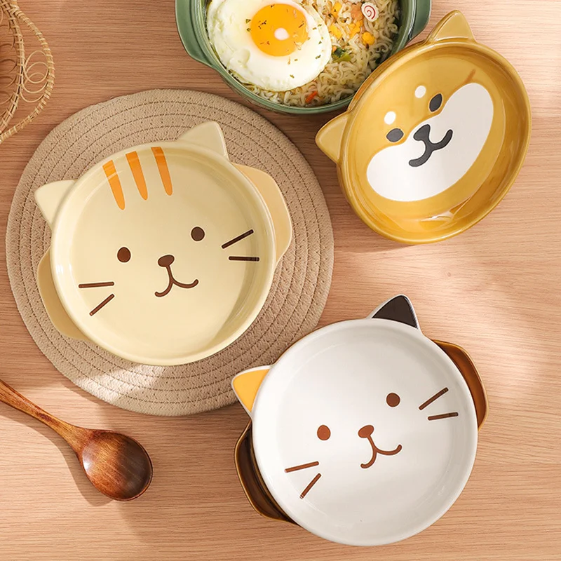 

6 Inch Korean Cartoon Cat Cute Ceramic Covered Bowl Creative Multifunctional Bowl Dish Large Capacity Instant Noodles Pot