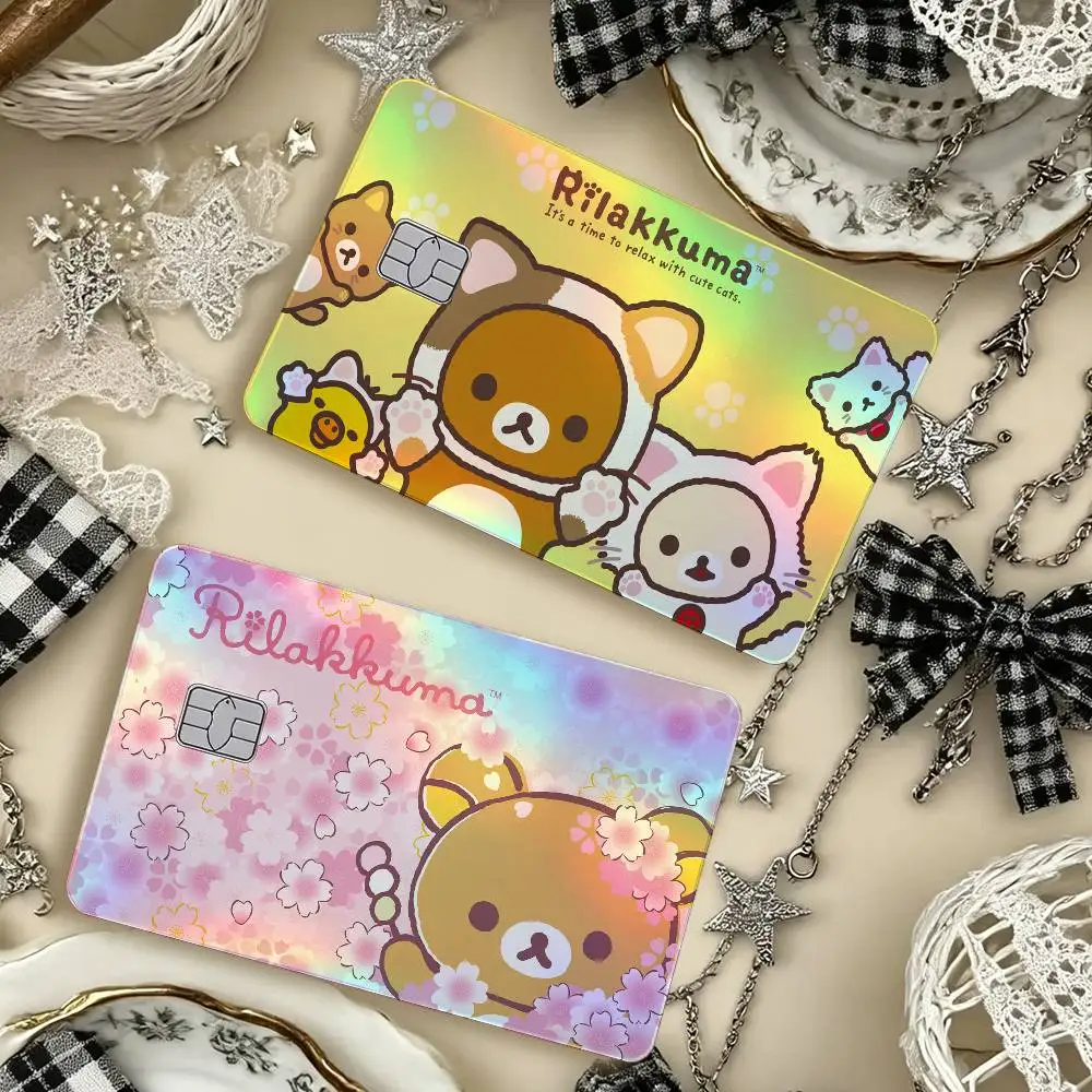 Cartoon R-Rilakkumas 4Pcs Laser Card Stickers Vinyl Skin For Credit Debit Bank Cards Waterproof Resistant Protective