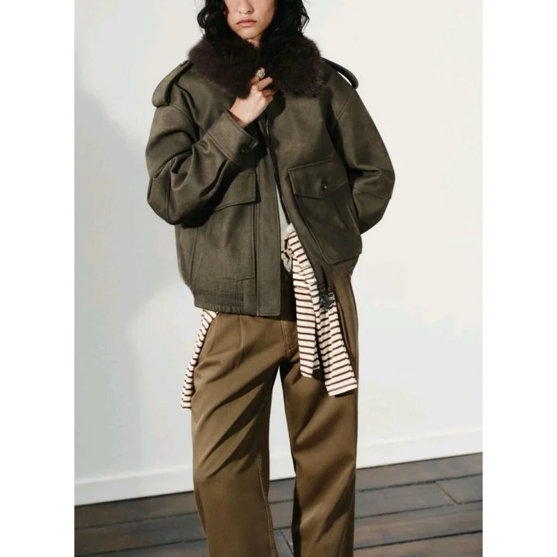 Autumn New Arrival Women's Jaet Coat Long Sve Faux Suede Effect Removable Collar Casual Loose Fit ort Outerwear
