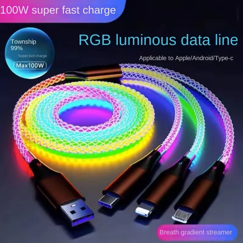 RGB Light Super Fast Charging Cable PD Colorful Typec Quick Charging Data Cable 3-in-1 Car Luminous Charger Cable for iPhone