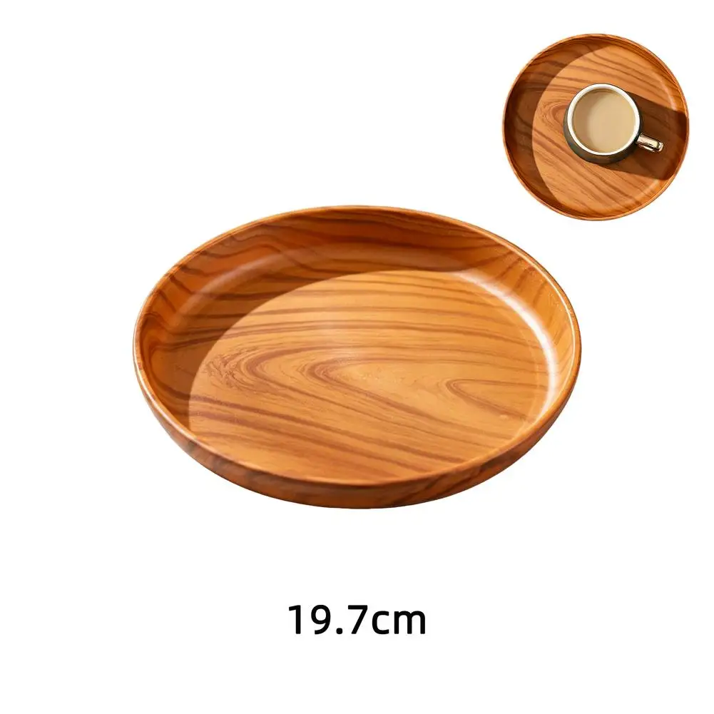 Round Faux Wood Grain Serving Tray Lightweight PP Plastic Coffee Tea Tray Stackable Fruit Snack Platter with Raised Rim