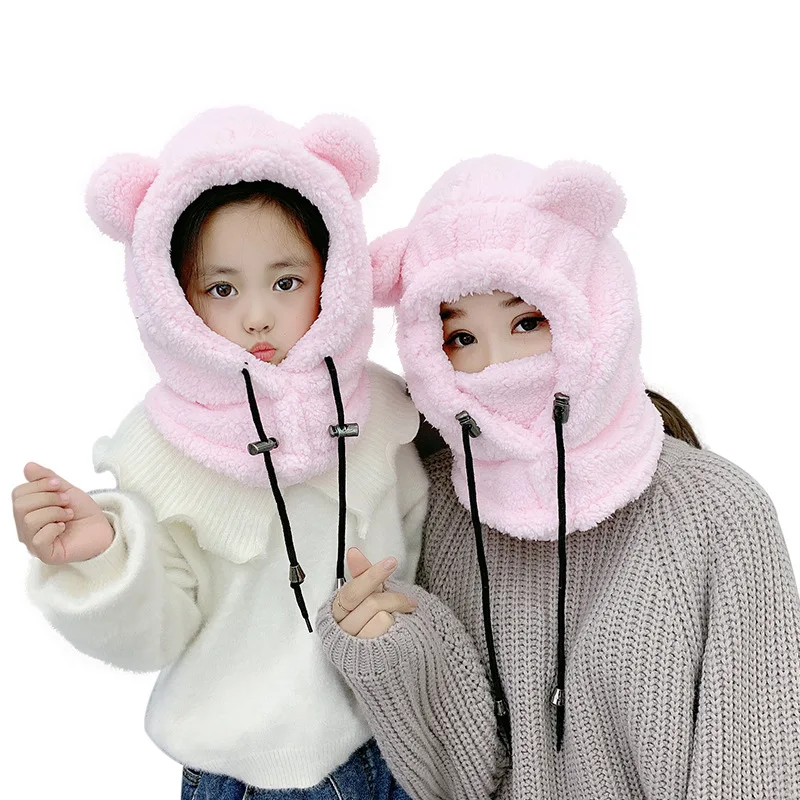 Plush Bear Balaclava With Ears Mask Hat With Earflaps Cute Children's Thicken Warm Winter Hats For Women Girl Bonnet Female Hood