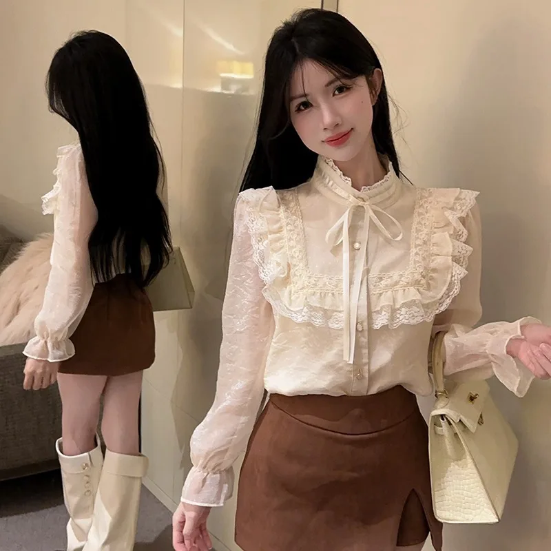 Retro Koronkowy Wykończenie Damska Długa Bluzka Jesienno-Zimowa Koreańska Modna Elegancka Wysokiej Jakości Luźna Francuska Bluzka...