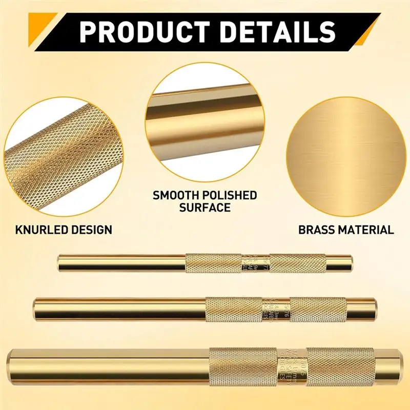 A20F-3Pcs 61360 Knurled Brass Drift Punch Set,Hand Tool Punches Tools 25077 3/4Inch 25076 1/2Inch 25075 3/8Inch Drift Punch
