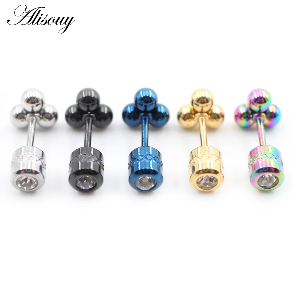 2Pieces Punk Surgical Stainless Steel Three Balls Zircon CZ Women Men Girl Ear Stud Cartilage Screw Earrings Piercing Jewelry