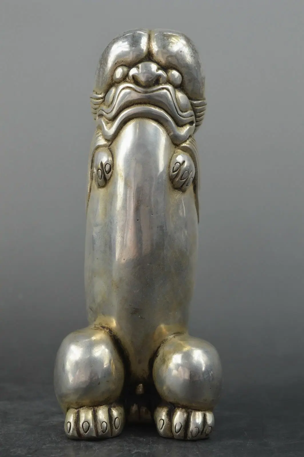 Tibet silver man guard Foo Dog Lion male Carved Penis God Collect Statue Figure