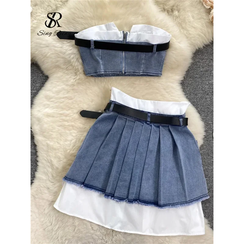 SINGREINY Mode Amerikanischen Retro Y2K Sexy Denim Anzüge Frauen Liebsten Mini Top + Plissee Mini Rock Vintage Strand Zwei Stücke set