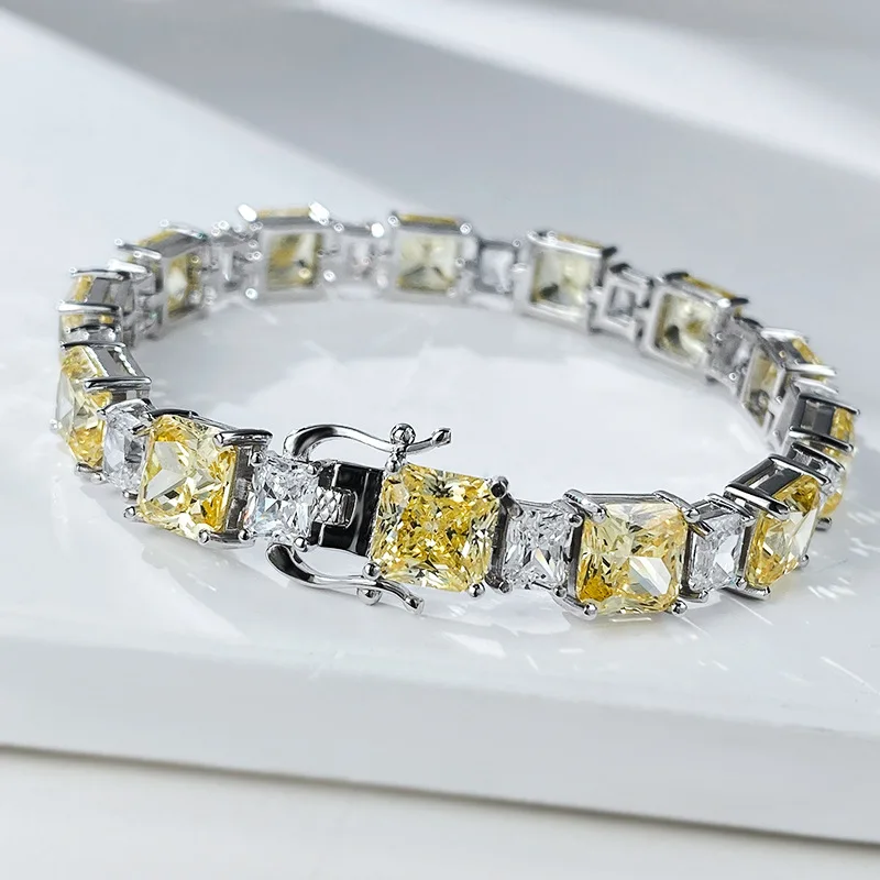 S925 Silver Bracelet Zircon 7 * 7 Ice Flower Yellow Diamond Bracelet Women\'s Style Bracelet Jewelry