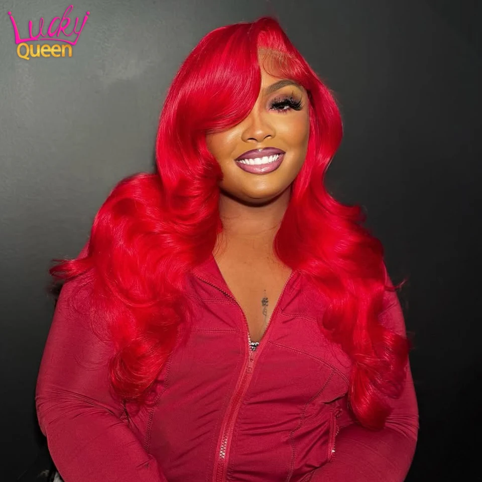 

Pre Plucked Human Hair Hot Bright Red Color 180Density 5X5 Brazilian Wigs 13X4 Transparent Lace Frontal 13X6 Body Wave For Women