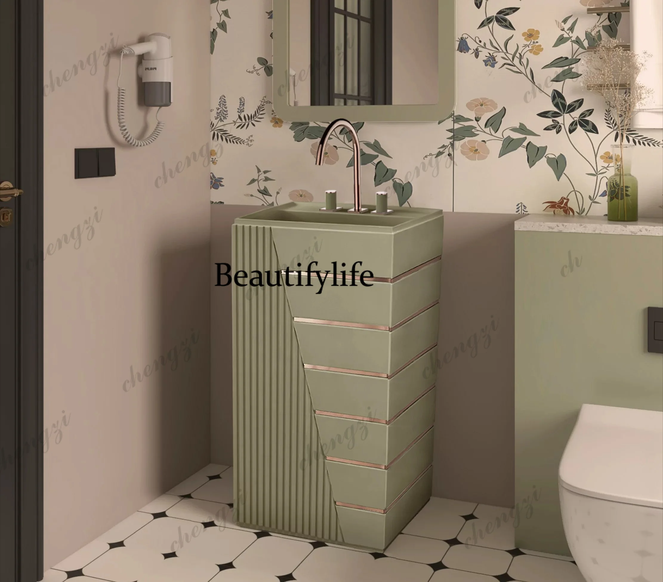 French retro green, wash basin floor-to-ceiling washbasin bathroom, integrated column basin small apartment
