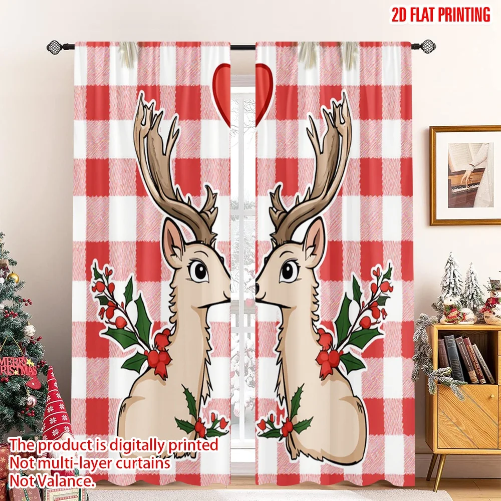 

2pcs 2D flat printing Merry Christmas Popular Window Drapes Deer Heart Holly Christmas Fabric Without Electricity 0 Use for