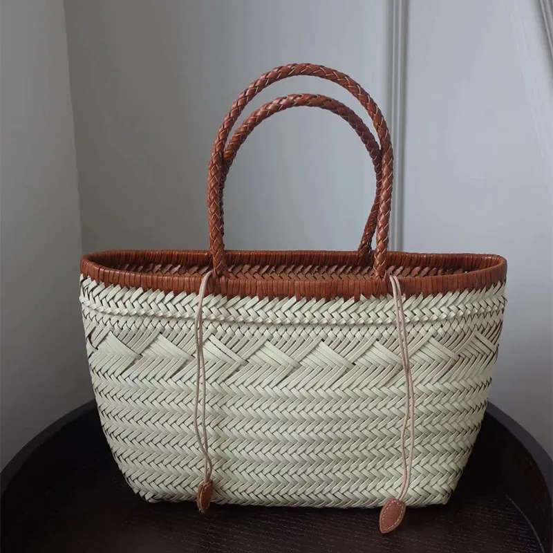 Vintage Hobos bag Manual Woven Genuine Leather Hand Bags Weave Tote Top Quality Women Basket Shopping Bags Hollow Beach