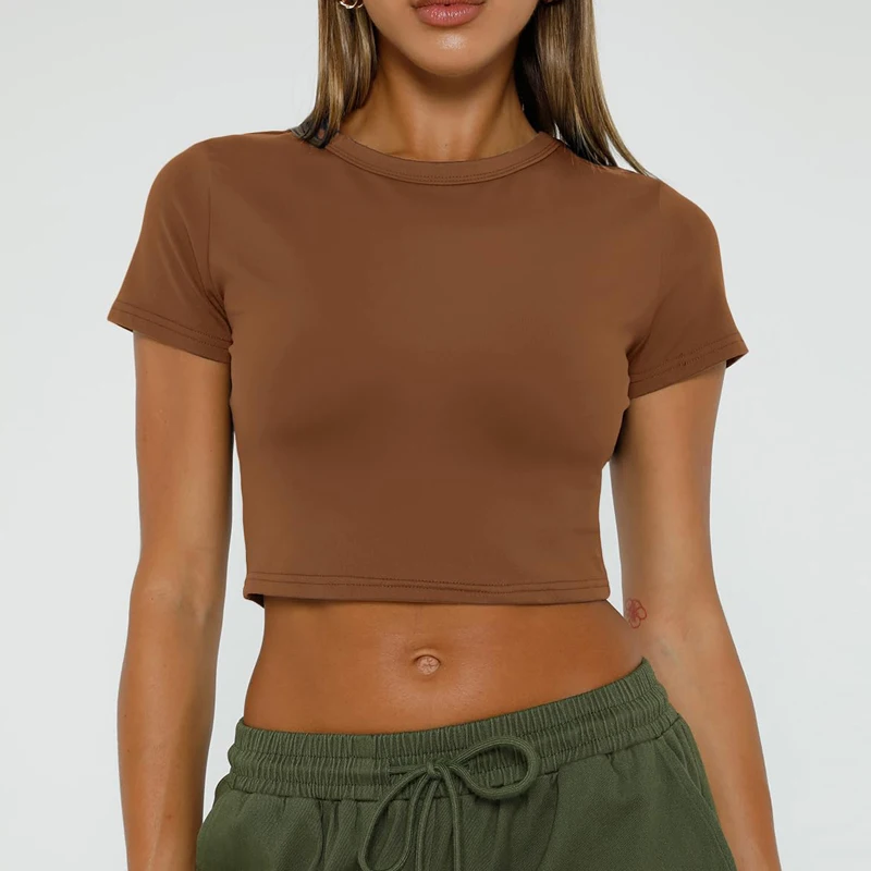 

Brown slim crop top cotton O-neck short sleeve shirt female sexy short top 2025 summer black leisure sports T-shirt pink dress