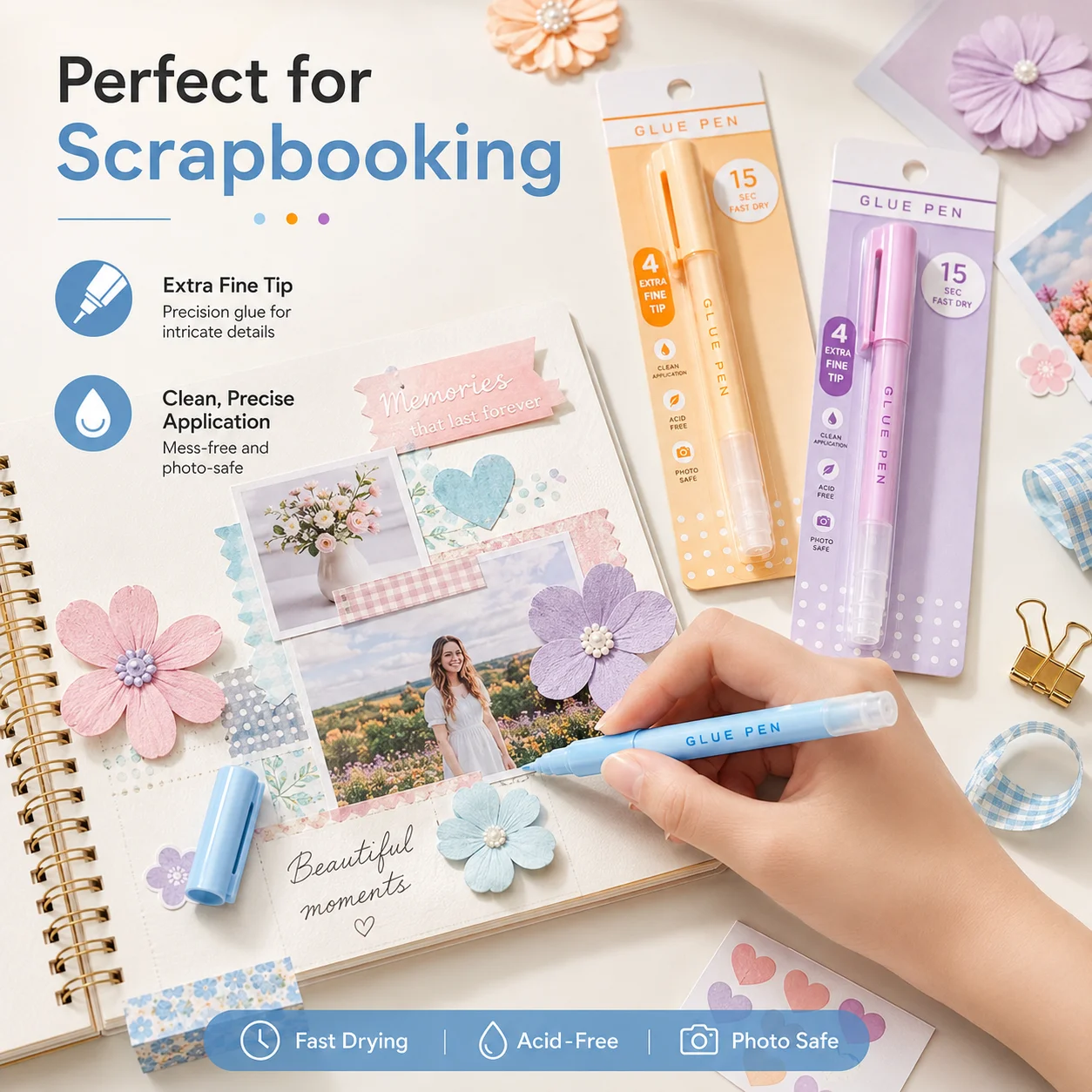Fast Drying Glue Pen, Precision Applicator Craft Adhesive for Paper Card Making, Non-Toxic Portable