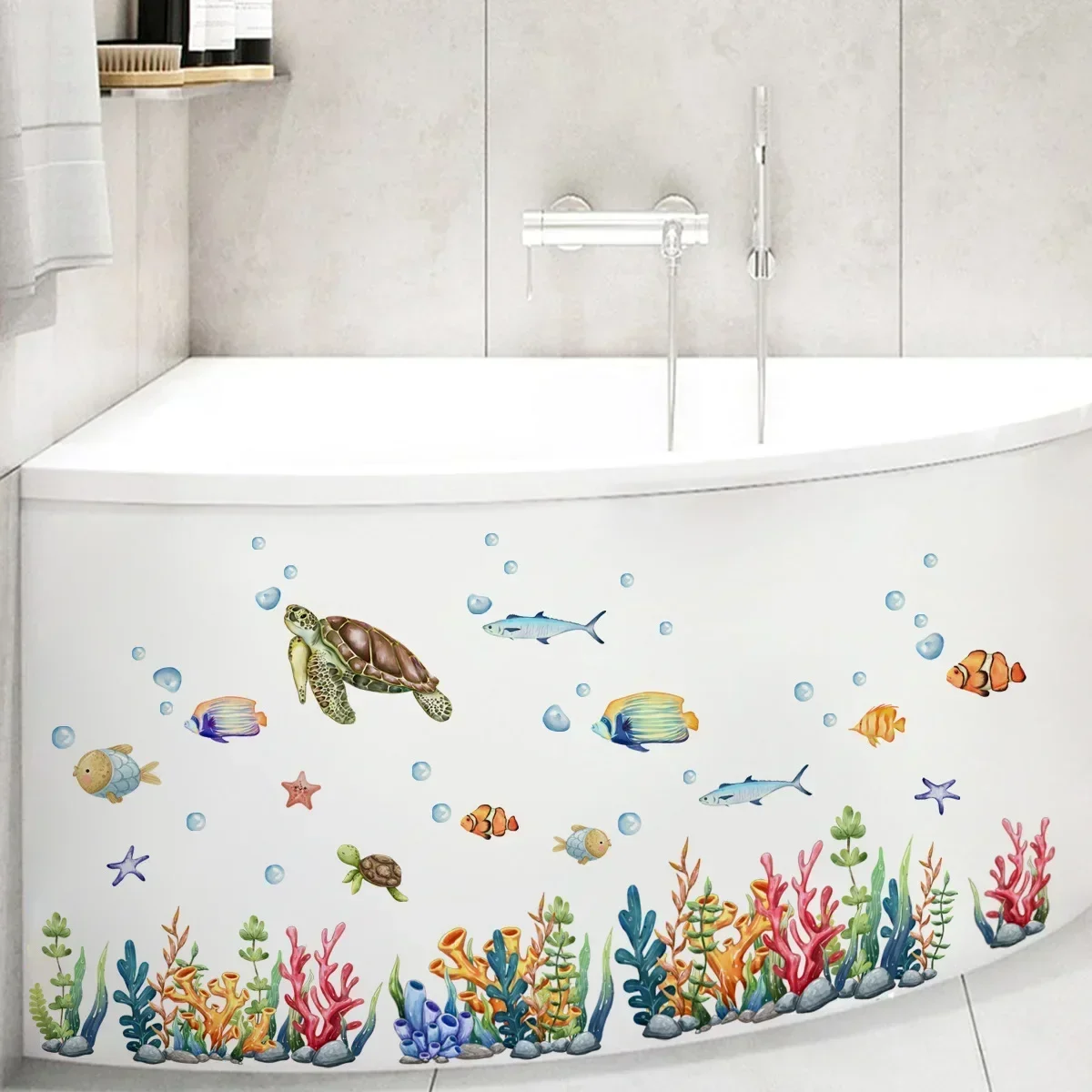 Cartoon Sea Turtle Seahorse Wall Stickers Kids Room Bathroom Decoration Mural Home Decor Self-adhesive Marine Animals Wallpaper