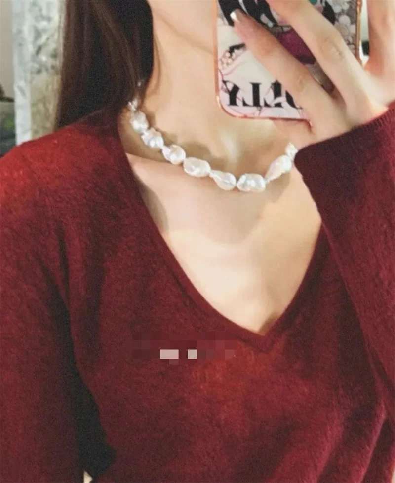 Nature Fresh water White Big Baroque Pearl Necklace AAA Grade with Good Luster Unique Color  Present for Jewelry Lovers