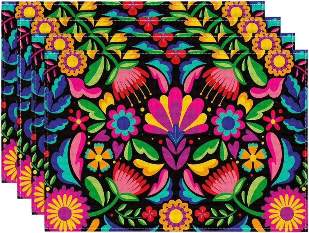 Mexican Fiesta Placemats Set of 4 12x18 Inch Dia De Los Muertos Cinco De Mayo Table Mats for Party Kitchen Dining Decoration