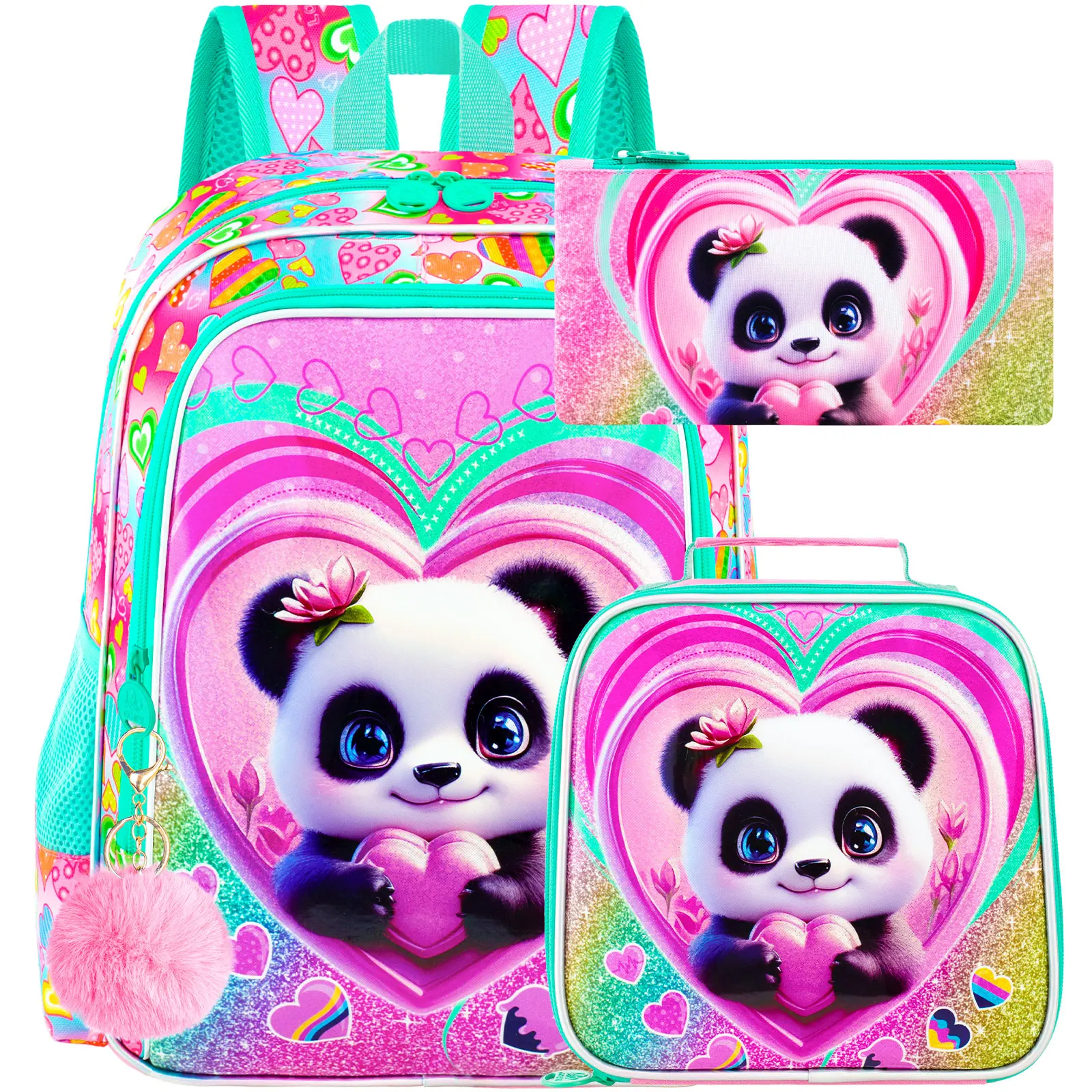 Kid's Backpack 3PCS 16 Inch UV Print Panda Kids School Bag, One Backpack + One Handbag + One Pencil Case, Large Capacity.