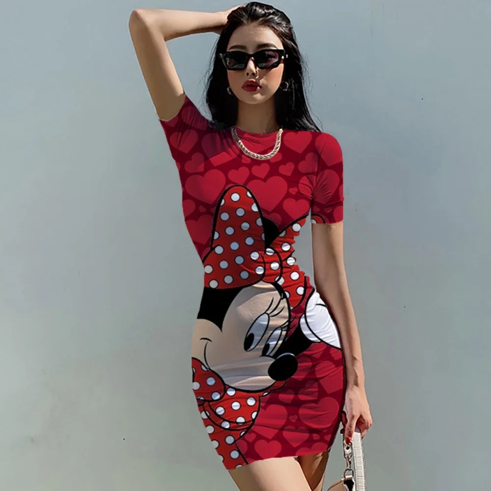 Disney Minnie Mickey Mouse Women\'s Summer Mini Party Dress 2022 Slim Hip Sexy Tight Y2K Short Sleeve Round neck Dresses Clothes