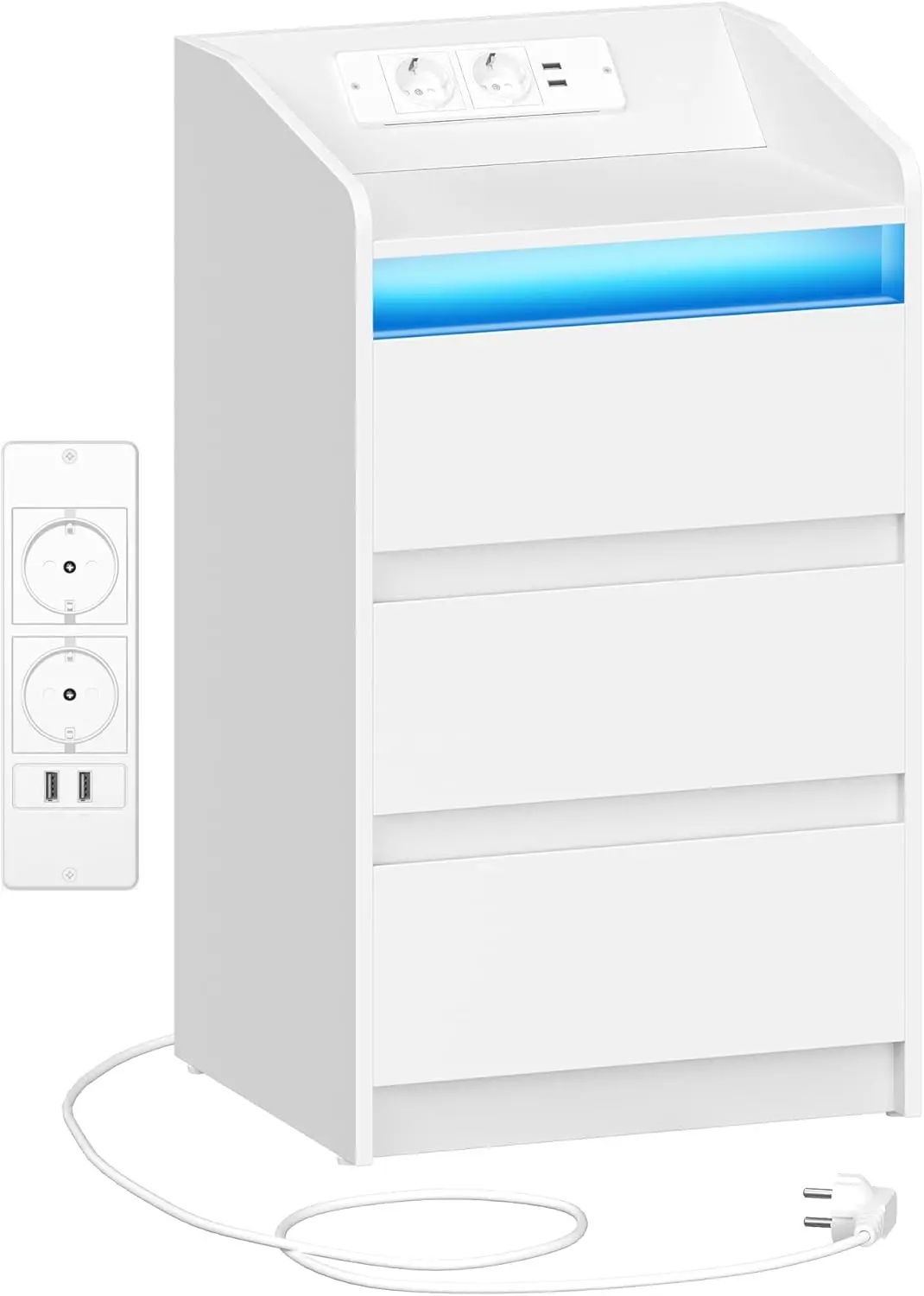 Mesilla de Noche con 3 Cajones Mesa Auxiliar con Estacional de Carga y LED 2 Tomas CA y 2 Portos USB para Dormitorio Salón Blanco #1