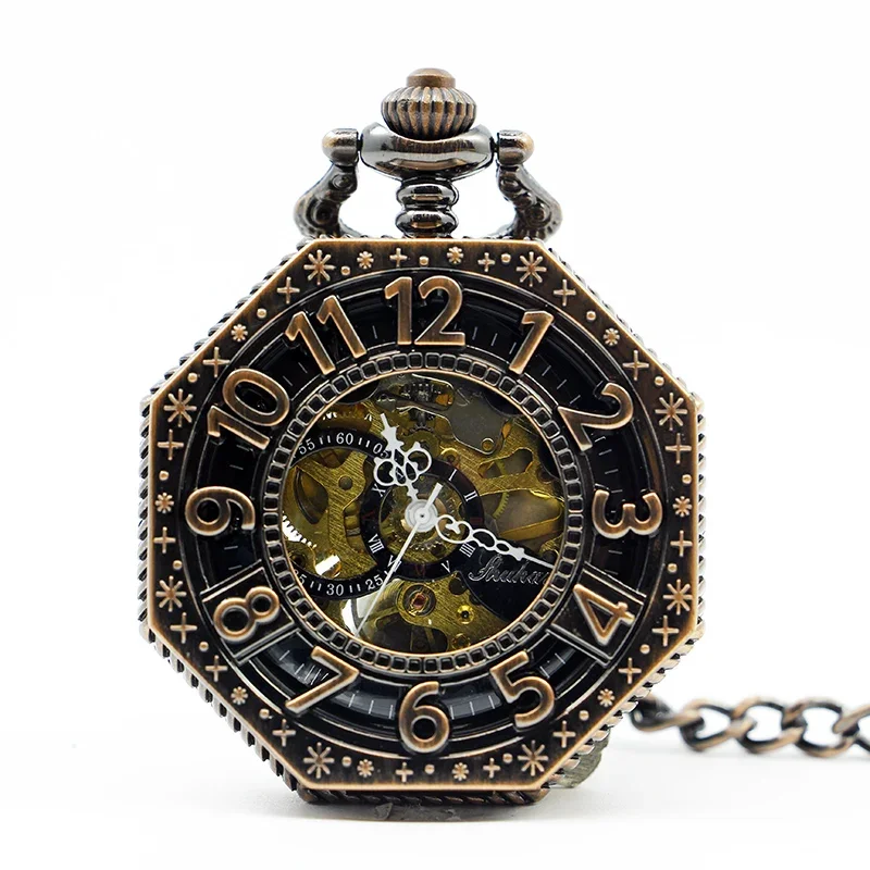 Mecânica Pocket Watch com Antique Octagon Números, Mão Enrolamento, Esqueleto, Alta Qualidade, Presente, PJX1269