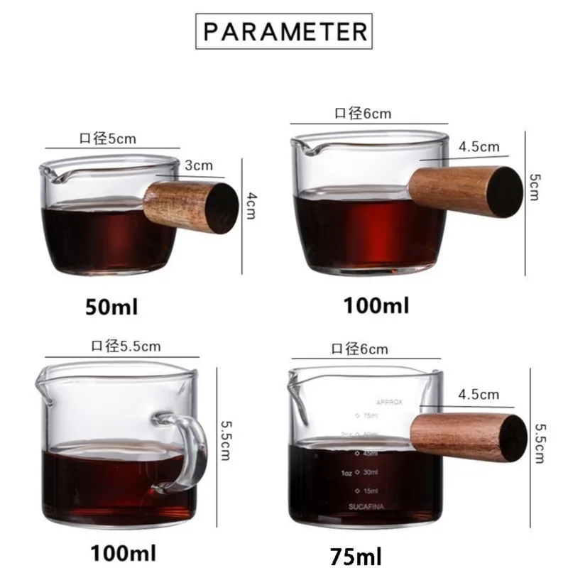 다기능 주방 측정 머그잔, 나무 손잡이, 유리 에스프레소 측정 컵, 이중 및 단일 입 우유 주전자, 커피 용품 투명