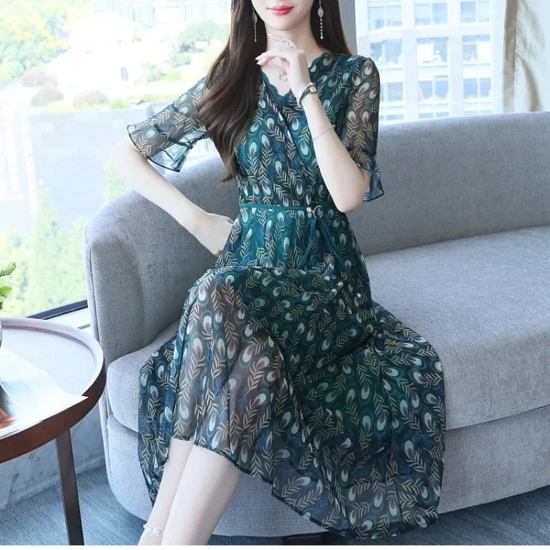 

Women's 2024 Summer Pullover V-neck New Patchwork Print Strap Zipper Fashion Versatile Casual Office Lady Short Sleeved Dress