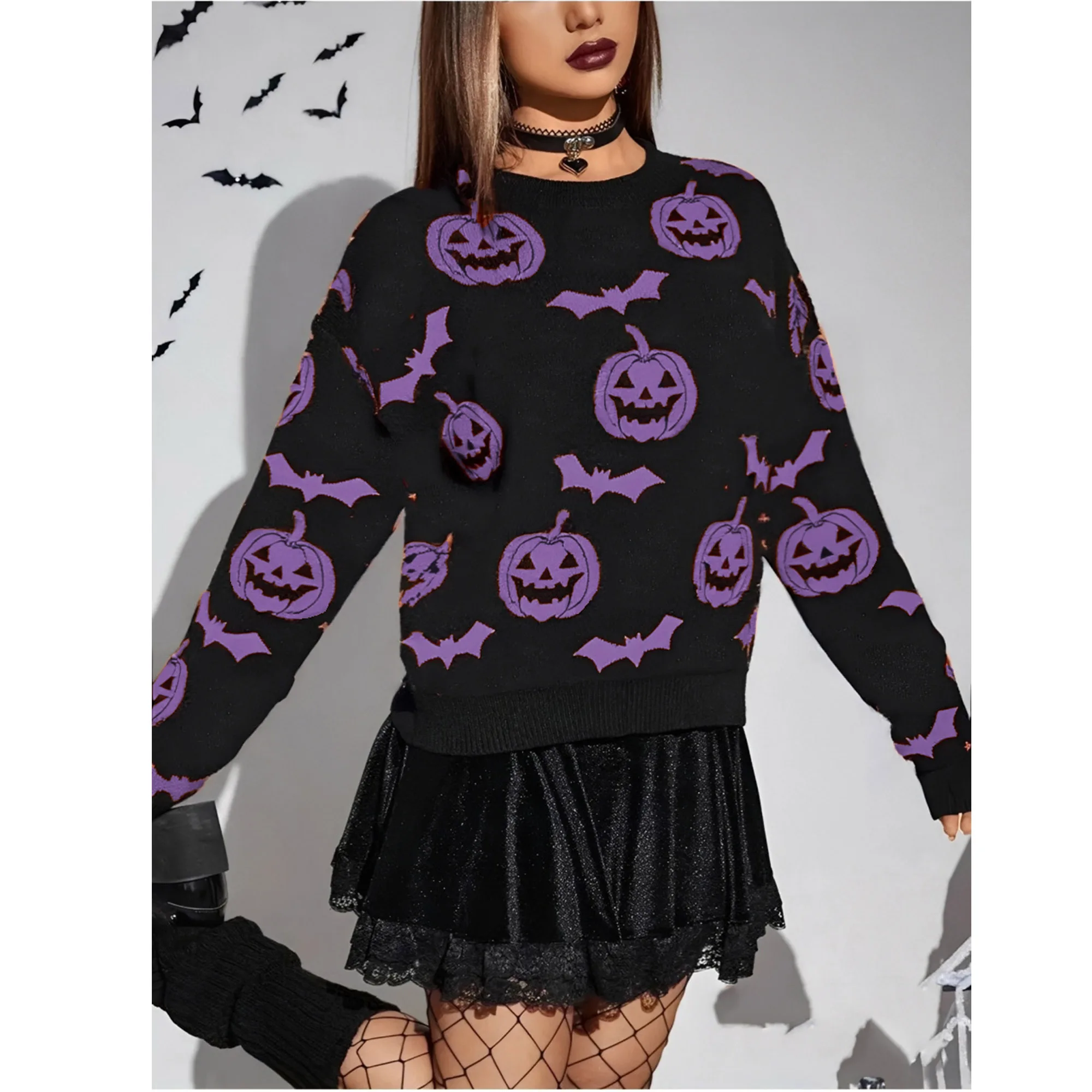 Women's Cute Halloween Pumpkin Knit Sweater Classic Long Sleeve Patchwork Quality Loose Pullovers