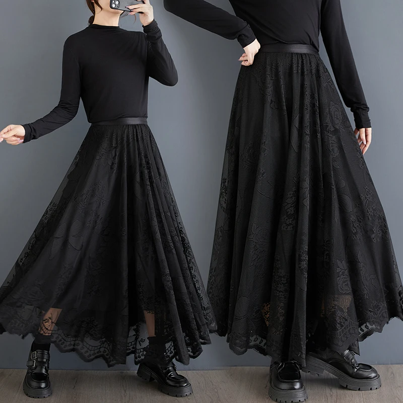 Gonna in pizzo Bla a vita alta Primavera Autunno Nuovo design scavato Sle Gonna lunga a trapezio in fibra di poliestere di buona qualità