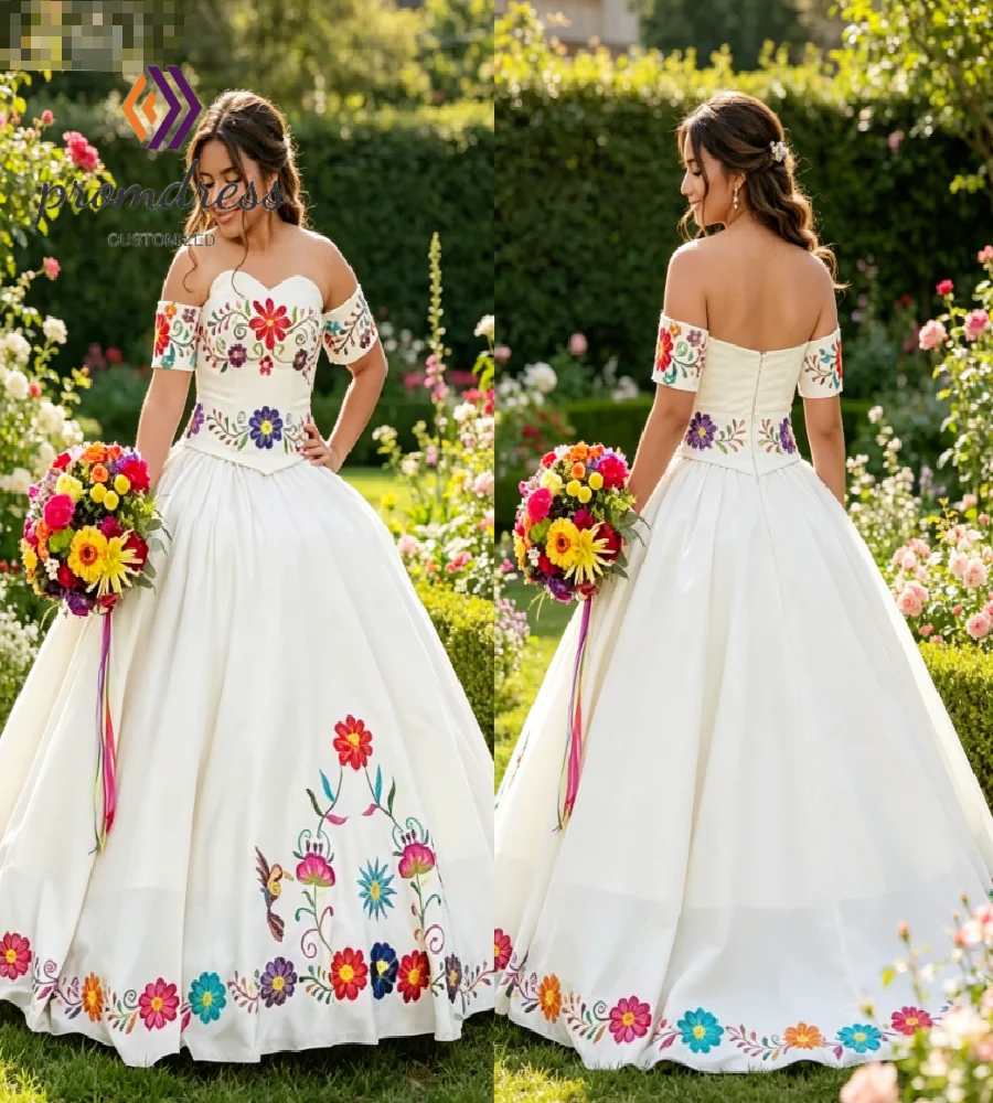 Traditional Mexican Wedding Dress Embroidered Off Shoulder Ball Gown Colorful Floral Bridal Gowns 2026 Gothic Cinco de Mayo