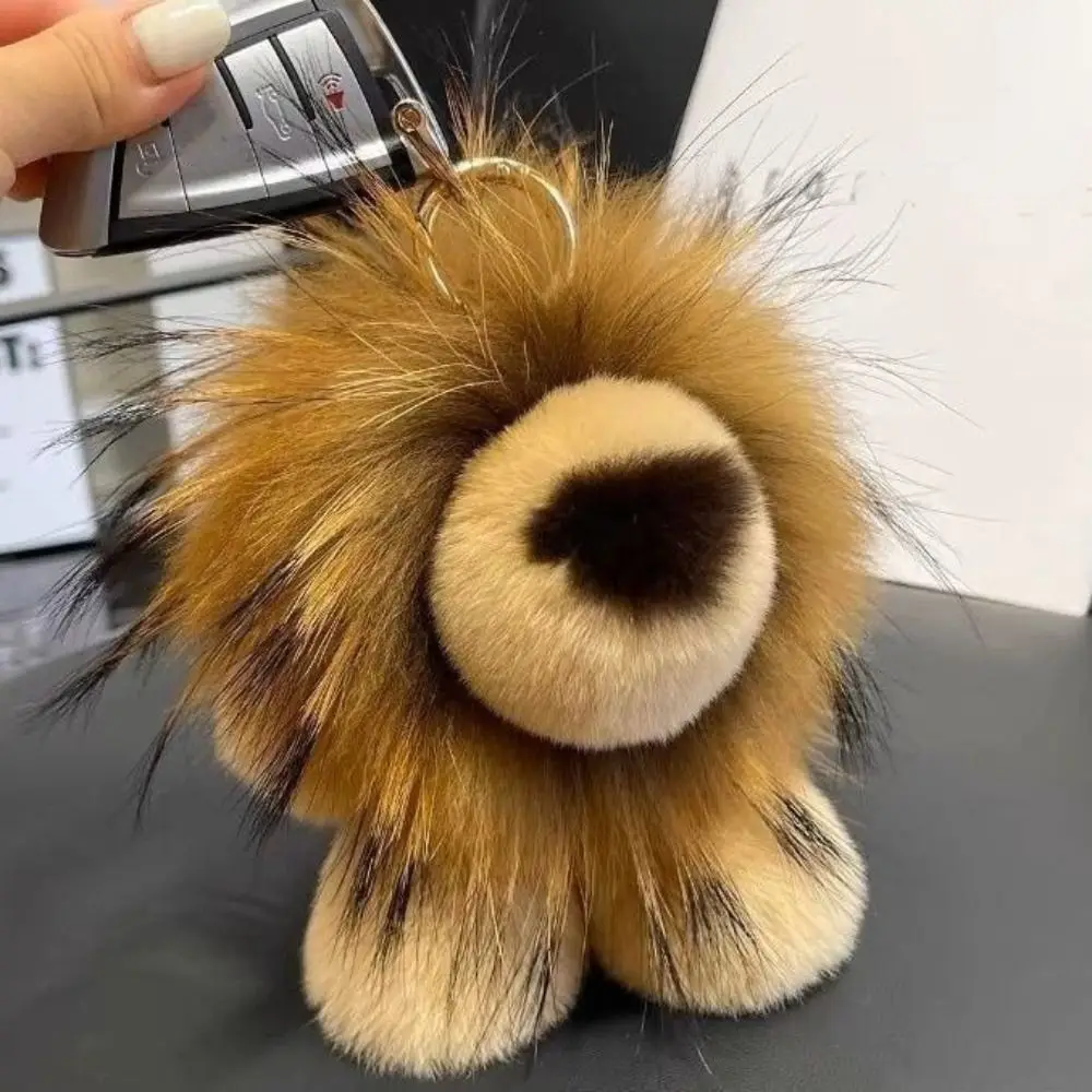 Simpatico portachiavi con ciondolo a forma di leone piccolo simpatico cartone animato in vera pelliccia di coniglio Rex borsa ornamenti portachiavi per auto cinturino in pelliccia regalo di peluche per bambini