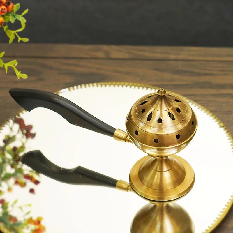Brass Censer Solid Wood Handle Handheld Incense Holders Ornaments Copper Art Burners Home Neo-classical Tea Room Decor