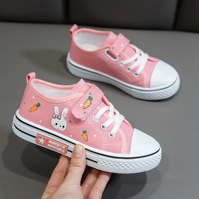 Autumn Girls Cartoon Print Breathable Canvas Casual Shoes Kids Soft-soled Vulcanized Shoes Children Non-slip Casual Cloth Shoes