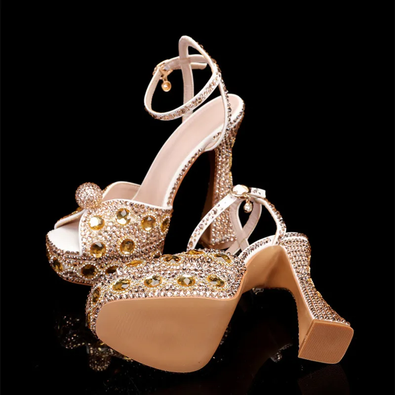 Luxury Handmade Full Rhinestones Peep toe Women Sandals Fashion Crystal Platform Wedges High heels Summer Wedding Sandals Shoes