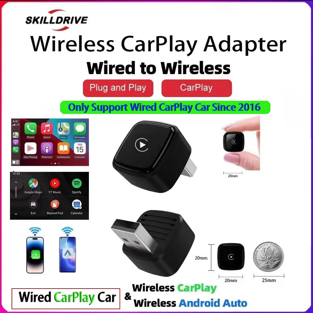 Skilldrive Mini 2 in 1 Wireless CarPlay Adapter for Original Car Build in Wired CarPlay Function Since 2016