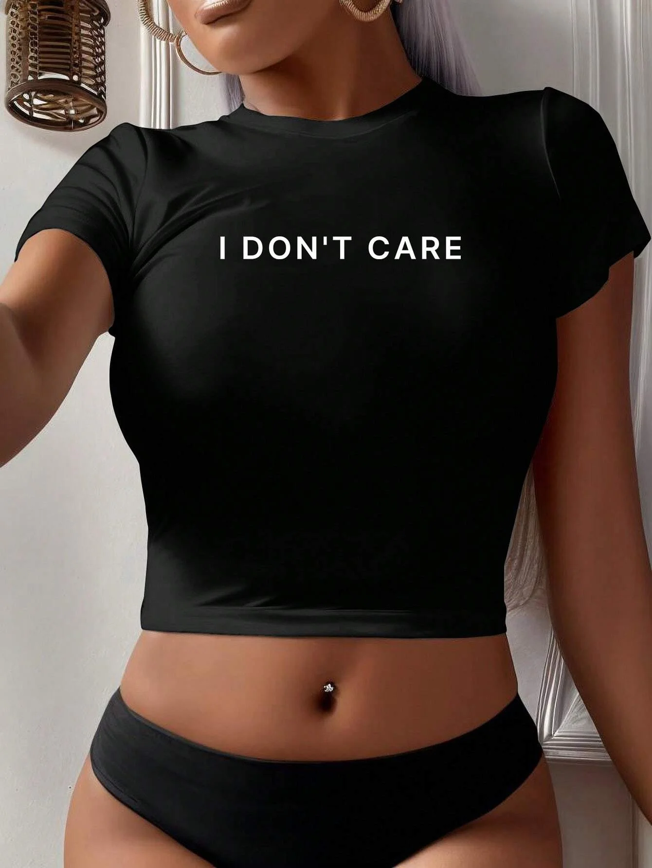 Women Y2k Crop Top Casual I Don't Care Letter Print Gothic Hip Hop White Round Neck Short Sleeve Slim T-Shirt For Women