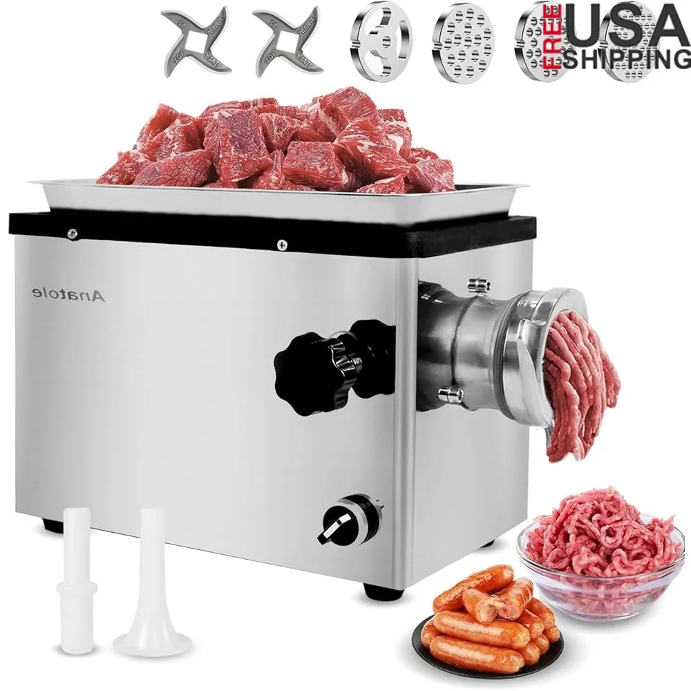 

Коммерческая электрическая мясорубка 1,3 л.с., 950 Вт, сверхмощная мясорубка, насадка для колбас из нержавеющей стали, 4 шлифовальные пластины, толкатель для еды