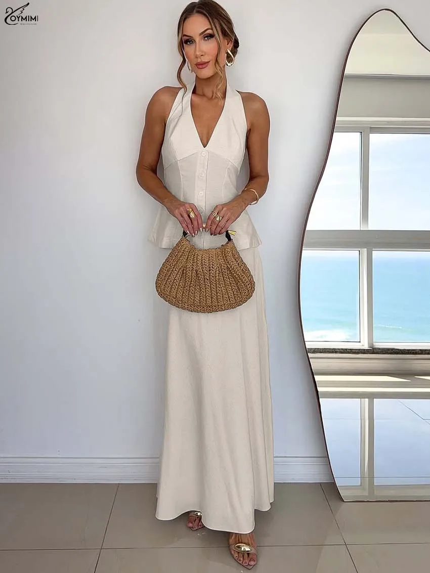 Oymimi Fashion Beige 2 Pieces Set For Woman Elegant V-Neck Open Back Sleeveless Button Tops And Simple Straight Skirts Sets