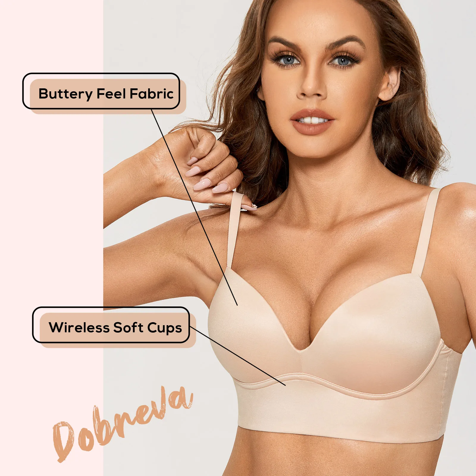 DOBREVA Women\'s Push Up Bra Plus Size Wireless Padded T Shirt Bras Seamless Wire Free V Neck Longline Plunge Bralette