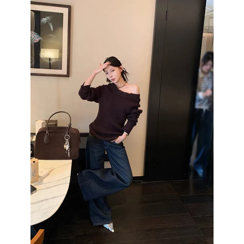 ZHIZOU جينز نسائي أزرق فضفاض Y2k 2000s نمط جمالي سروال جينز منخفض الخصر عتيق هاراجوكو بنطلون جينز كبير الحجم للخريف