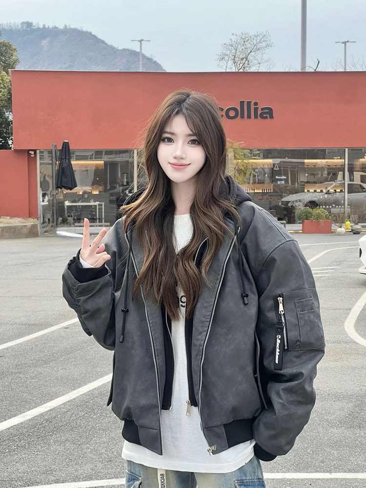 

American Sle Men's Leather Jaet ort Bomber Flight Jaet Couple's Motorcycle Baseball Outfit Autumn Winter Outerwear