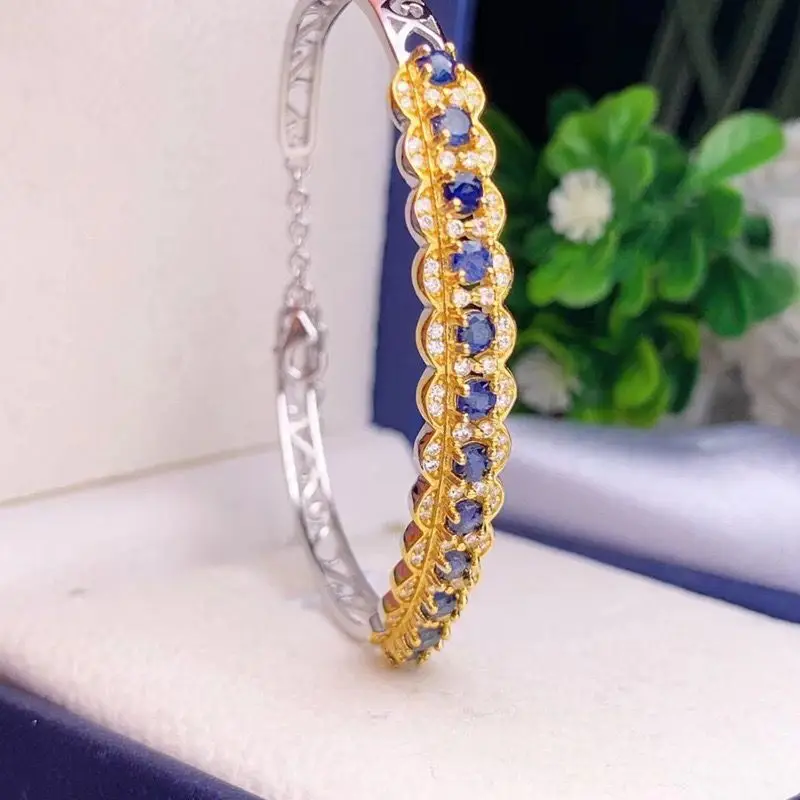 ZECAA Sapphire Fine Jewelry Woman Sapphire Bracelet Bangle With Natural Blue Sapphire Gemstone 3*3mm Jewelry For Lady Bracelet