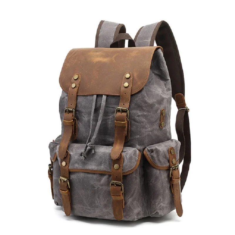 

Vintage Canvas Backpacks For Men Oil Wax Leather Travel Backpack Waterproof Laptop School Daypacks Retro Bagpack Large Capacity