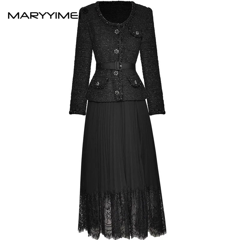 MARYYIMEI Fashion design Women\'s Dress Long-Sleeved Single Breasted Lace Splicing Autumn and Winter Dresses With Belt