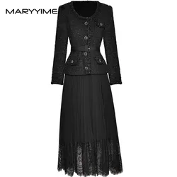 MARYYIMEI Fashion design Women's Dress Long-Sleeved Single Breasted Lace Splicing Autumn and Winter Dresses With Belt