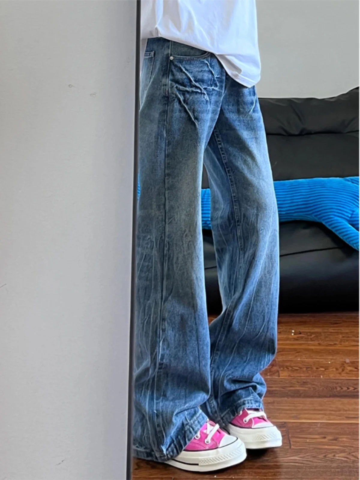 

Мужские джинсы Waed American Sle, свободные, с широкими штанинами, длинные брюки, модный дизайн в стиле High Street, повседневные джинсы прямого кроя.